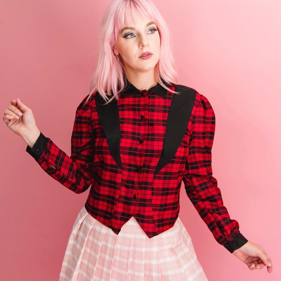 Vintage Red Plaid Tuxedo Style Blouse S - Picture 2 of 5